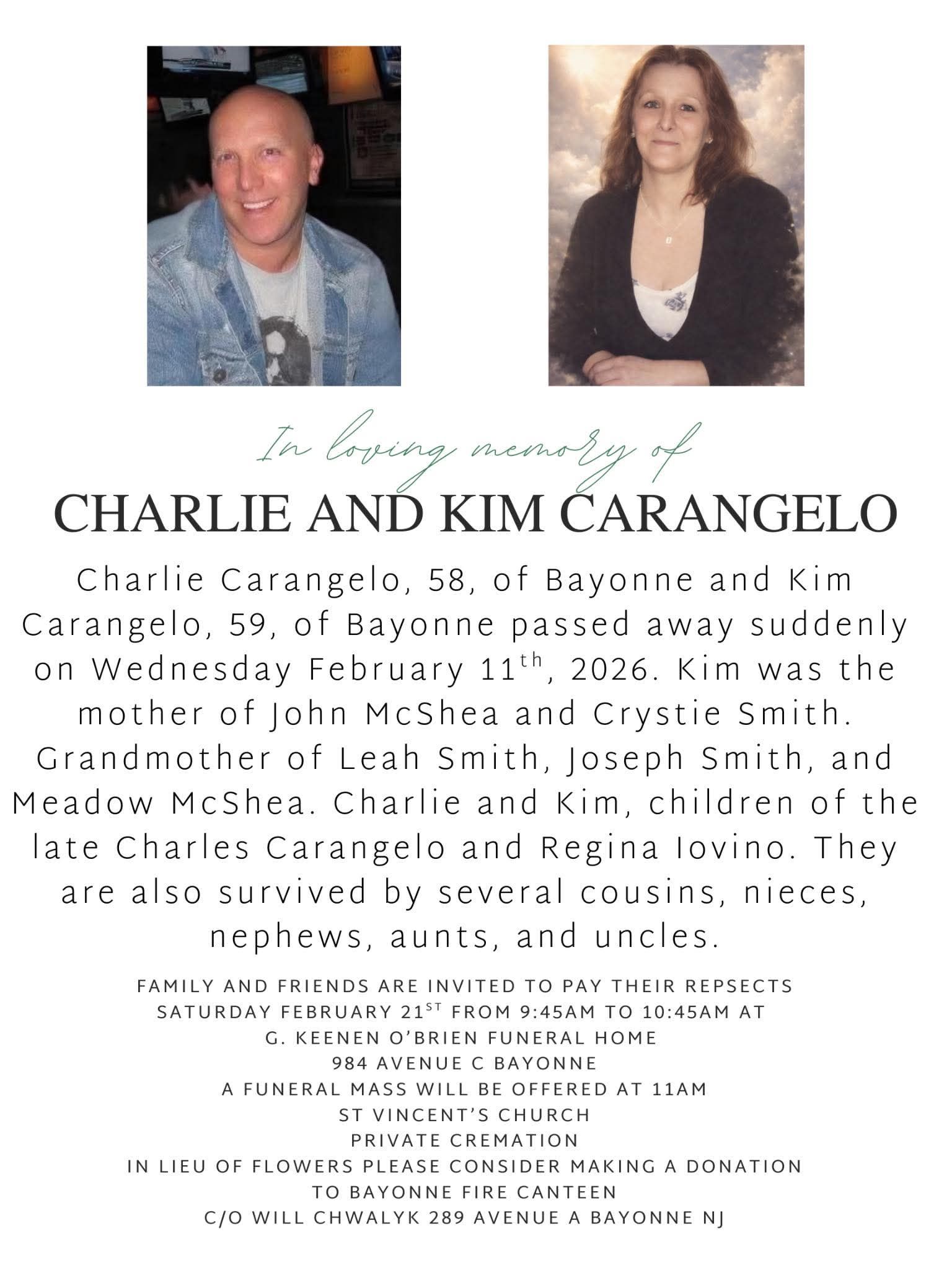 Charlie & Kim Carangelo Bayonne, NJ Death, Obituary-Funeral Arrangements